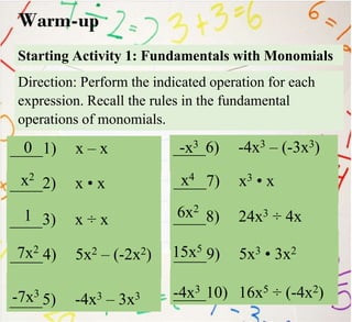 Starting Activity 1: Fundamentals with Monomials
____1) x – x
Warm-up
Direction: Perform the indicated operation for each
expression. Recall the rules in the fundamental
operations of monomials.
____2) x • x
____3) x ÷ x
____4) 5x2 – (-2x2)
____5) -4x3 – 3x3
____6) -4x3 – (-3x3)
____7) x3 • x
____8) 24x3 ÷ 4x
____9) 5x3 • 3x2
____10) 16x5 ÷ (-4x2)
0
x2
1
7x2
-7x3
-x3
x4
6x2
15x5
-4x3
 