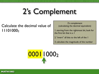 10110100101011010100101010111010101111011011101111011101110111101110111011110111111010110100101011110110110101111011010100111111011010100110101001




                                 2’s Complement
                                                                                                 2’s complement
  Calculate the decimal value of                                                      (calculating the decimal equivalent)

  111010002                                                                     1. starting from the rightmost bit, look for
                                                                                the ﬁrst bit that is a 1
                                                                                2. “invert” all bits to the left of the 1
                                                                                3. calculate the magnitude of the number




                                         0001
                                         111010002

 MATH1003
 