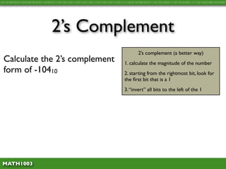 10110100101011010100101010111010101111011011101111011101110111101110111011110111111010110100101011110110110101111011010100111111011010100110101001




                                 2’s Complement
                                                                                         2’s complement (a better way)
  Calculate the 2’s complement                                                  1. calculate the magnitude of the number
  form of -10410                                                                2. starting from the rightmost bit, look for
                                                                                the ﬁrst bit that is a 1
                                                                                3. “invert” all bits to the left of the 1




 MATH1003
 