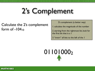 10110100101011010100101010111010101111011011101111011101110111101110111011110111111010110100101011110110110101111011010100111111011010100110101001




                                 2’s Complement
                                                                                         2’s complement (a better way)
  Calculate the 2’s complement                                                  1. calculate the magnitude of the number
  form of -10410                                                                2. starting from the rightmost bit, look for
                                                                                the ﬁrst bit that is a 1
                                                                                3. “invert” all bits to the left of the 1




                                 10410 = 011010002

 MATH1003
 