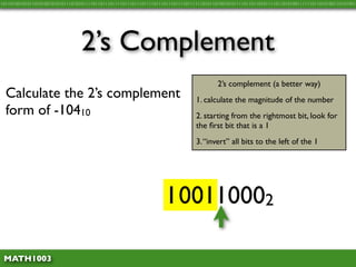 10110100101011010100101010111010101111011011101111011101110111101110111011110111111010110100101011110110110101111011010100111111011010100110101001




                                 2’s Complement
                                                                                         2’s complement (a better way)
  Calculate the 2’s complement                                                  1. calculate the magnitude of the number
  form of -10410                                                                2. starting from the rightmost bit, look for
                                                                                the ﬁrst bit that is a 1
                                                                                3. “invert” all bits to the left of the 1




                                 10410 = 011010002
                                         1 001

 MATH1003
 