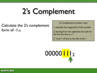 10110100101011010100101010111010101111011011101111011101110111101110111011110111111010110100101011110110110101111011010100111111011010100110101001




                                 2’s Complement
                                                                                         2’s complement (a better way)
  Calculate the 2’s complement                                                  1. calculate the magnitude of the number
  form of -110                                                                  2. starting from the rightmost bit, look for
                                                                                the ﬁrst bit that is a 1
                                                                                3. “invert” all bits to the left of the 1




                                           110 = 000000012
                                                      11

 MATH1003
 