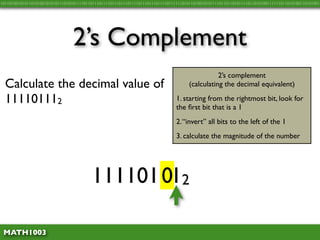 10110100101011010100101010111010101111011011101111011101110111101110111011110111111010110100101011110110110101111011010100111111011010100110101001




                                 2’s Complement
                                                                                                 2’s complement
  Calculate the decimal value of                                                      (calculating the decimal equivalent)

  111101112                                                                     1. starting from the rightmost bit, look for
                                                                                the ﬁrst bit that is a 1
                                                                                2. “invert” all bits to the left of the 1
                                                                                3. calculate the magnitude of the number




                                         111101112
                                               0

 MATH1003
 