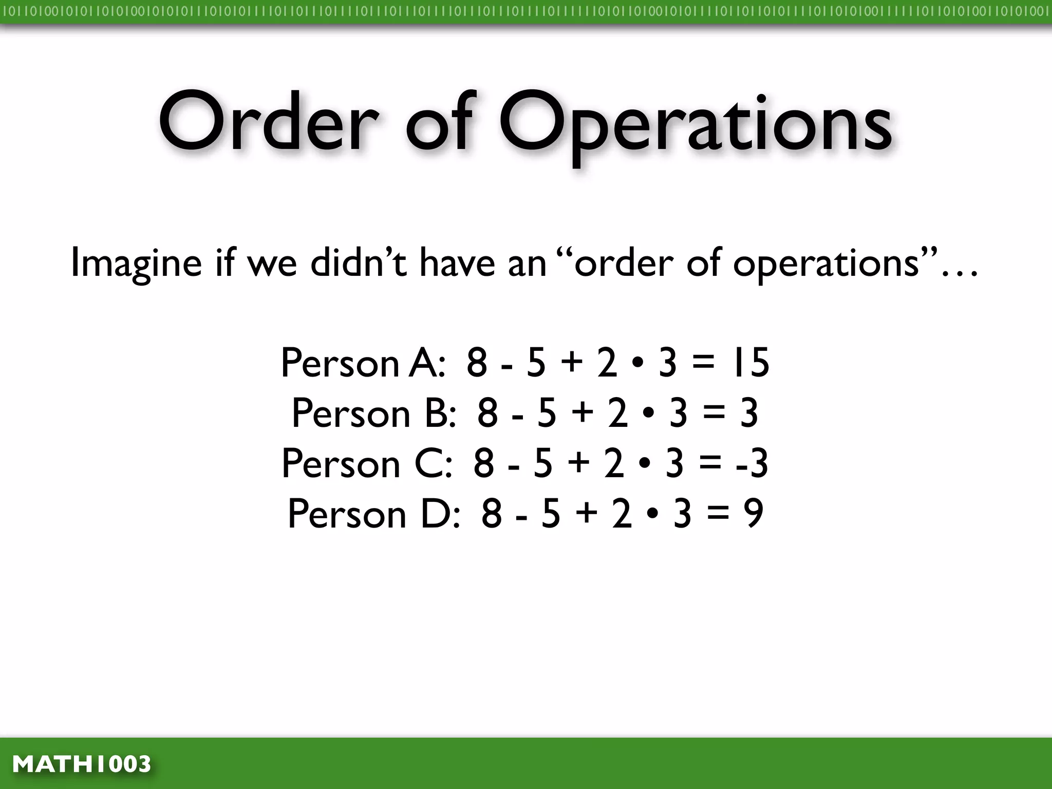 10110100101011010100101010111010101111011011101111011101110111101110111011110111111010110100101011110110110101111011010100111111011010100110101001




                     Order of Operations
         Imagine if we didn’t have an “order of operations”…

                                      Person A: 8 - 5 + 2 • 3 = 15
                                       Person B: 8 - 5 + 2 • 3 = 3
                                      Person C: 8 - 5 + 2 • 3 = -3
                                      Person D: 8 - 5 + 2 • 3 = 9




 MATH1003
 