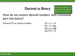 10110100101011010100101010111010101111011011101111011101110111101110111011110111111010110100101011110110110101111011010100111111011010100110101001




                                               Decimal to Binary                                          The “fractional part” is
                                                                                                          the part to the right of
                                                                                                          the point (or period).

     How do we convert decimal numbers with a fractional
     part into binary?
     Convert 0.7 to a binary number.                                                   0.7 • 2 = 1.4
                                                                                       0.4 • 2 = 0.8
                                                                                       0.8 • 2 = 1.6
                                                                                       0.6 • 2 = 1.2




 MATH1003
 