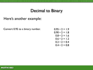 10110100101011010100101010111010101111011011101111011101110111101110111011110111111010110100101011110110110101111011010100111111011010100110101001




                                               Decimal to Binary
     Here’s another example:

     Convert 0.95 to a binary number.                                               0.95 • 2 = 1.9
                                                                                    0.90 • 2 = 1.8
                                                                                     0.8 • 2 = 1.6
                                                                                     0.6 • 2 = 1.2
                                                                                     0.2 • 2 = 0.4
                                                                                     0.4 • 2 = 0.8




 MATH1003
 