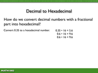 10110100101011010100101010111010101111011011101111011101110111101110111011110111111010110100101011110110110101111011010100111111011010100110101001




                                      Decimal to Hexadecimal
     How do we convert decimal numbers with a fractional
     part into hexadecimal?
     Convert 0.35 to a hexadecimal number.                                        0.35 • 16 = 5.6
                                                                                   0.6 • 16 = 9.6
                                                                                   0.6 • 16 = 9.6




 MATH1003
 