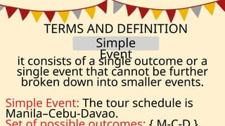 TERMS AND DEFINITION
it consists of a single outcome or a
single event that cannot be further
broken down into smaller events.
Simple Event: The tour schedule is
Manila–Cebu-Davao.
Simple
Event
 
