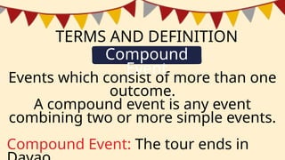 TERMS AND DEFINITION
Events which consist of more than one
outcome.
A compound event is any event
combining two or more simple events.
Compound Event: The tour ends in
Compound
Event
 