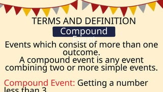 TERMS AND DEFINITION
Events which consist of more than one
outcome.
A compound event is any event
combining two or more simple events.
Compound Event: Getting a number
Compound
Event
 