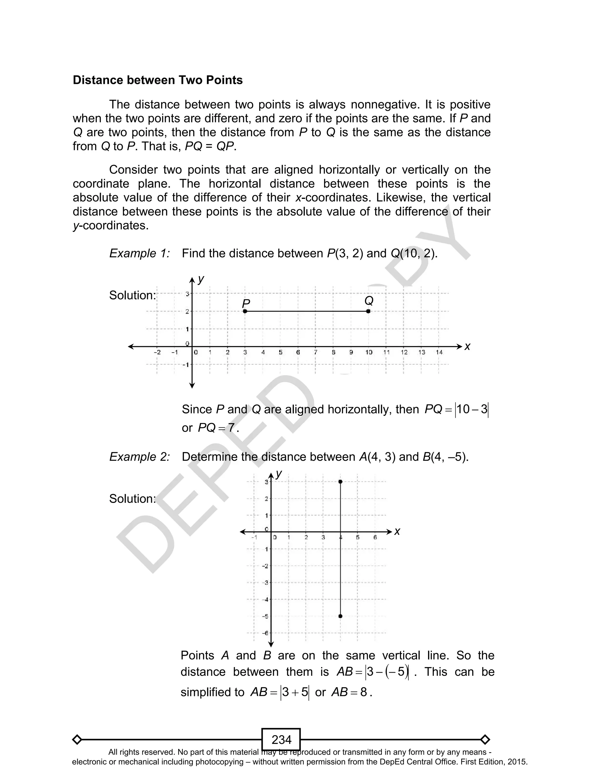 D
EPED
C
O
PY
234
Distance between Two Points
The distance between two points is always nonnegative. It is positive
when the two points are different, and zero if the points are the same. If P and
Q are two points, then the distance from P to Q is the same as the distance
from Q to P. That is, PQ = QP.
Consider two points that are aligned horizontally or vertically on the
coordinate plane. The horizontal distance between these points is the
absolute value of the difference of their x-coordinates. Likewise, the vertical
distance between these points is the absolute value of the difference of their
y-coordinates.
Example 1: Find the distance between P(3, 2) and Q(10, 2).
Solution:
Since P and Q are aligned horizontally, then 310 PQ
or 7PQ .
Example 2: Determine the distance between A(4, 3) and B(4, –5).
Solution:
y
x
QP
y
x
Points A and B are on the same vertical line. So the
distance between them is  53 AB . This can be
simplified to 53 AB or 8AB .
All rights reserved. No part of this material may be reproduced or transmitted in any form or by any means -
electronic or mechanical including photocopying – without written permission from the DepEd Central Office. First Edition, 2015.
 
