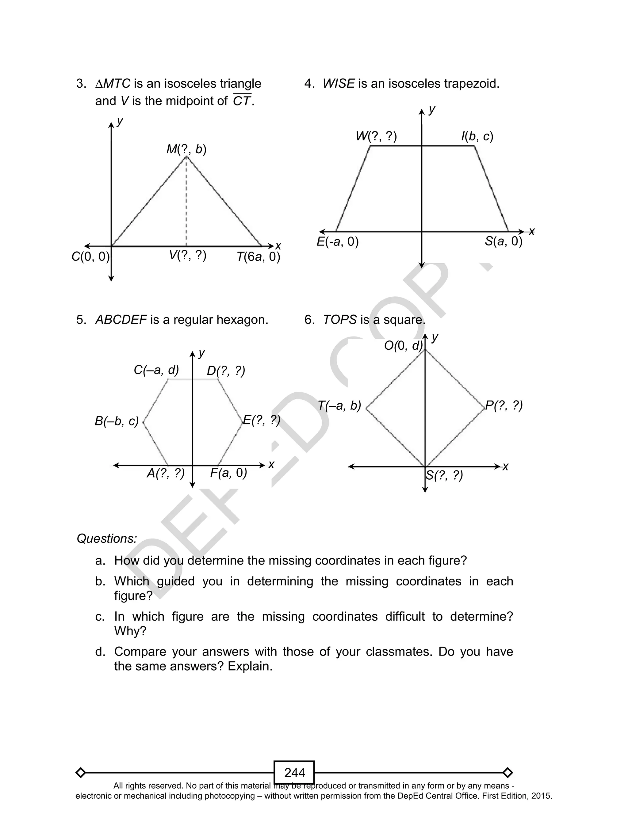 D
EPED
C
O
PY
244
3. ∆MTC is an isosceles triangle 4. WISE is an isosceles trapezoid.
and V is the midpoint of .CT
5. ABCDEF is a regular hexagon. 6. TOPS is a square.
Questions:
a. How did you determine the missing coordinates in each figure?
b. Which guided you in determining the missing coordinates in each
figure?
c. In which figure are the missing coordinates difficult to determine?
Why?
d. Compare your answers with those of your classmates. Do you have
the same answers? Explain.
x
y
O(0, d)
P(?, ?)
S(?, ?)
T(–a, b)
x
y
F(a, 0)
E(?, ?)
D(?, ?)C(–a, d)
B(–b, c)
A(?, ?)
y
x
E(-a, 0)
W(?, ?)
S(a, 0)
I(b, c)
y
x
C(0, 0)
M(?, b)
T(6a, 0)V(?, ?)
All rights reserved. No part of this material may be reproduced or transmitted in any form or by any means -
electronic or mechanical including photocopying – without written permission from the DepEd Central Office. First Edition, 2015.
 