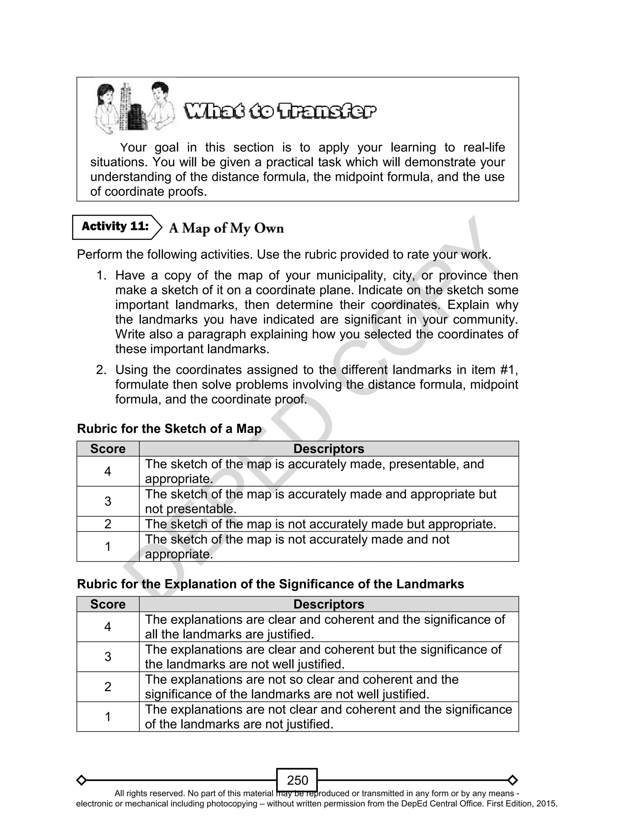 D
EPED
C
O
PY
250
Your goal in this section is to apply your learning to real-life
situations. You will be given a practical task which will demonstrate your
understanding of the distance formula, the midpoint formula, and the use
of coordinate proofs.
Perform the following activities. Use the rubric provided to rate your work.
1. Have a copy of the map of your municipality, city, or province then
make a sketch of it on a coordinate plane. Indicate on the sketch some
important landmarks, then determine their coordinates. Explain why
the landmarks you have indicated are significant in your community.
Write also a paragraph explaining how you selected the coordinates of
these important landmarks.
2. Using the coordinates assigned to the different landmarks in item #1,
formulate then solve problems involving the distance formula, midpoint
formula, and the coordinate proof.
Rubric for the Sketch of a Map
Score Descriptors
4
The sketch of the map is accurately made, presentable, and
appropriate.
3
The sketch of the map is accurately made and appropriate but
not presentable.
2 The sketch of the map is not accurately made but appropriate.
1
The sketch of the map is not accurately made and not
appropriate.
Rubric for the Explanation of the Significance of the Landmarks
Score Descriptors
4
The explanations are clear and coherent and the significance of
all the landmarks are justified.
3
The explanations are clear and coherent but the significance of
the landmarks are not well justified.
2
The explanations are not so clear and coherent and the
significance of the landmarks are not well justified.
1
The explanations are not clear and coherent and the significance
of the landmarks are not justified.
Activity 11:
All rights reserved. No part of this material may be reproduced or transmitted in any form or by any means -
electronic or mechanical including photocopying – without written permission from the DepEd Central Office. First Edition, 2015.
 