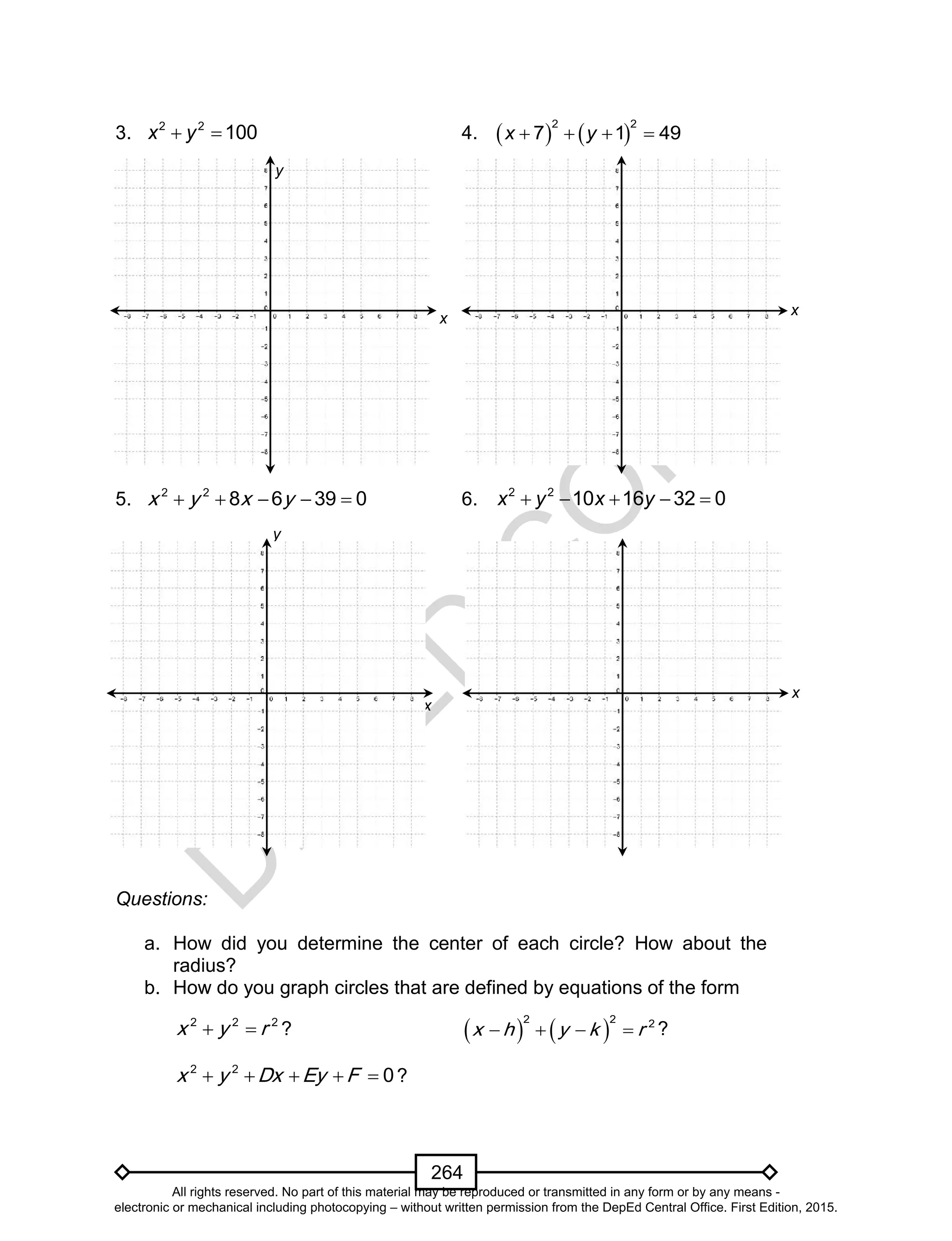 D
EPED
C
O
PY
264
3.  2 2
100x y 4.       
2 2
7 1 49x y
5. 2 2
8 6 39 0x y x y     6.     2 2
10 16 32 0x y x y

Questions:
a. How did you determine the center of each circle? How about the
radius?
b. How do you graph circles that are defined by equations of the form
2 2 2
x y r  ?    
2 2 2
x h y k r    ?
2 2
0x y Dx Ey F     ?
y
x
y
x
x
x
y
y
All rights reserved. No part of this material may be reproduced or transmitted in any form or by any means -
electronic or mechanical including photocopying – without written permission from the DepEd Central Office. First Edition, 2015.
 