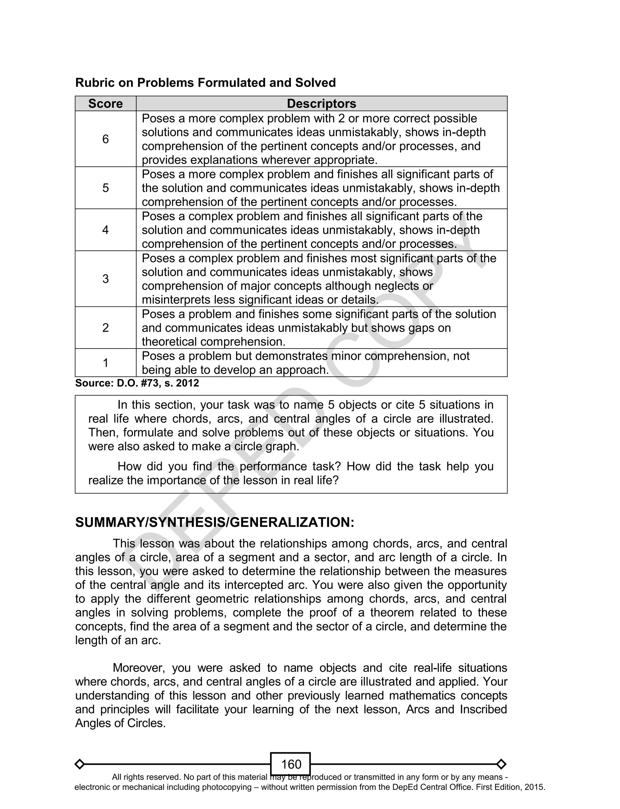 D
EPED
C
O
PY
160
Rubric on Problems Formulated and Solved
Score Descriptors
6
Poses a more complex problem with 2 or more correct possible
solutions and communicates ideas unmistakably, shows in-depth
comprehension of the pertinent concepts and/or processes, and
provides explanations wherever appropriate.
5
Poses a more complex problem and finishes all significant parts of
the solution and communicates ideas unmistakably, shows in-depth
comprehension of the pertinent concepts and/or processes.
4
Poses a complex problem and finishes all significant parts of the
solution and communicates ideas unmistakably, shows in-depth
comprehension of the pertinent concepts and/or processes.
3
Poses a complex problem and finishes most significant parts of the
solution and communicates ideas unmistakably, shows
comprehension of major concepts although neglects or
misinterprets less significant ideas or details.
2
Poses a problem and finishes some significant parts of the solution
and communicates ideas unmistakably but shows gaps on
theoretical comprehension.
1
Poses a problem but demonstrates minor comprehension, not
being able to develop an approach.
Source: D.O. #73, s. 2012
In this section, your task was to name 5 objects or cite 5 situations in
real life where chords, arcs, and central angles of a circle are illustrated.
Then, formulate and solve problems out of these objects or situations. You
were also asked to make a circle graph.
How did you find the performance task? How did the task help you
realize the importance of the lesson in real life?
SUMMARY/SYNTHESIS/GENERALIZATION:
This lesson was about the relationships among chords, arcs, and central
angles of a circle, area of a segment and a sector, and arc length of a circle. In
this lesson, you were asked to determine the relationship between the measures
of the central angle and its intercepted arc. You were also given the opportunity
to apply the different geometric relationships among chords, arcs, and central
angles in solving problems, complete the proof of a theorem related to these
concepts, find the area of a segment and the sector of a circle, and determine the
length of an arc.
Moreover, you were asked to name objects and cite real-life situations
where chords, arcs, and central angles of a circle are illustrated and applied. Your
understanding of this lesson and other previously learned mathematics concepts
and principles will facilitate your learning of the next lesson, Arcs and Inscribed
Angles of Circles.
All rights reserved. No part of this material may be reproduced or transmitted in any form or by any means -
electronic or mechanical including photocopying – without written permission from the DepEd Central Office. First Edition, 2015.
 