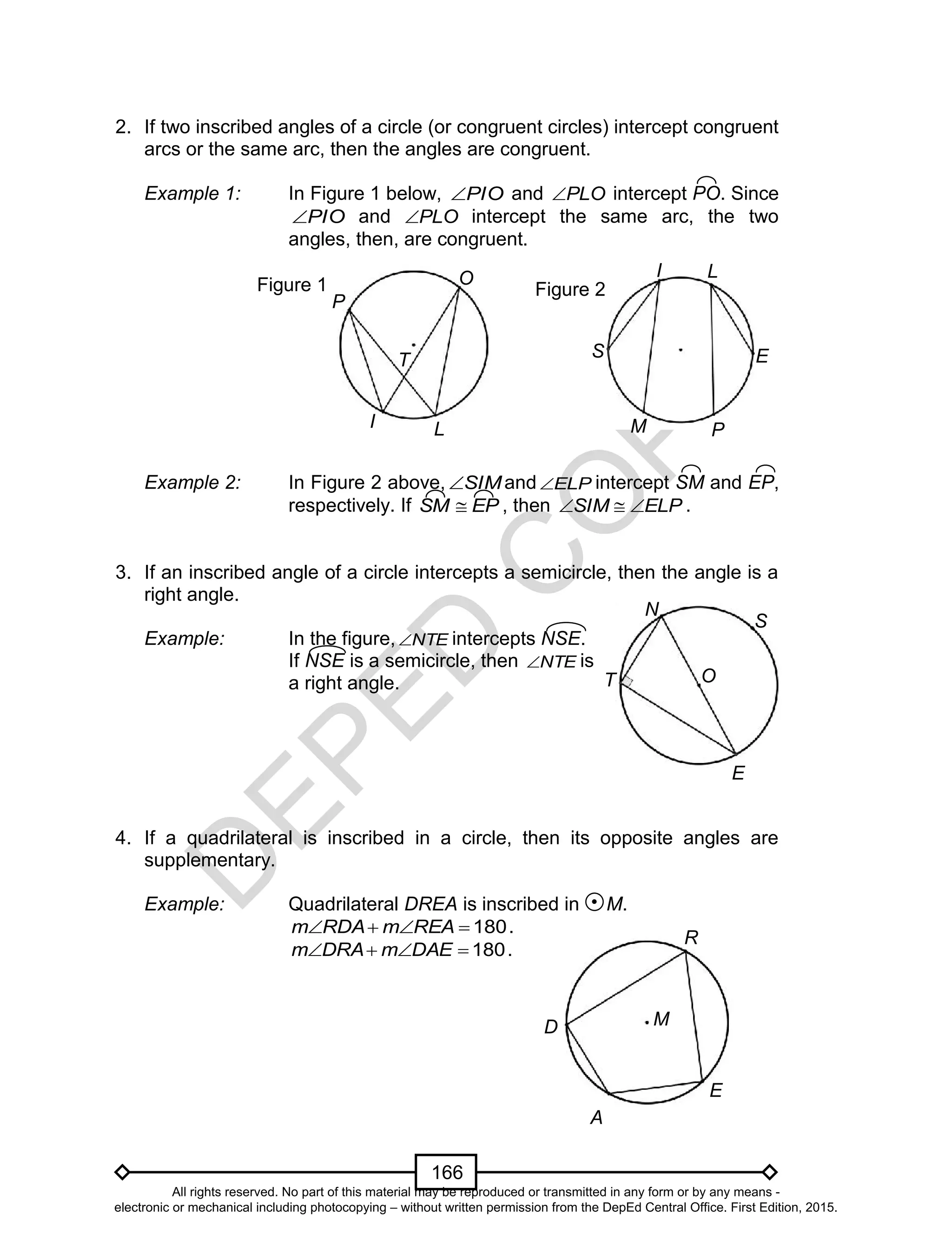 D
EPED
C
O
PY
166
N
T O
S
E
2. If two inscribed angles of a circle (or congruent circles) intercept congruent
arcs or the same arc, then the angles are congruent.
Example 1: In Figure 1 below, PIO and PLO intercept PO. Since
PIO and PLO intercept the same arc, the two
angles, then, are congruent.
Example 2: In Figure 2 above, SIM and ELP intercept SM and EP,
respectively. If EPSM  , then ELPSIM  .
3. If an inscribed angle of a circle intercepts a semicircle, then the angle is a
right angle.
Example: In the figure, NTE intercepts NSE.
If NSE is a semicircle, then NTE is
a right angle.
4. If a quadrilateral is inscribed in a circle, then its opposite angles are
supplementary.
Example: Quadrilateral DREA is inscribed in M.
180 REAmRDAm .
180 DAEmDRAm .
M
LI
E
P
S
Figure 2
P
O
I
T
L
Figure 1
E
A
R
D M
All rights reserved. No part of this material may be reproduced or transmitted in any form or by any means -
electronic or mechanical including photocopying – without written permission from the DepEd Central Office. First Edition, 2015.
 