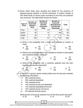D
EPED
C
O
PY
323
10.Some street foods were sampled and tested for the presence of
disease-causing bacteria or harmful chemicals. A random sample of
200 street foods of various types according to how they are prepared
was examined. The table below shows the results:
Type of
Food
Number of
Food with
Bacteria
Only
Number of
Food with
Harmful
Chemicals
Only
Number of
Food with
Both Bacteria
and Harmful
Chemicals
Total
Fried 35 15 18 68
Boiled 46 14 32 92
Grilled 24 8 8 40
Total 105 37 58 200
a.) What is the probability that a street food selected at random is
fried?
A.
68
200
B.
35
105
C.
50
142
D.
68
142
b.) What is the probability that a food selected at random is both grilled
and contained harmful chemical?
A.
40
200
B.
58
105
C.
16
142
D.
16
200
c.) What is the probability that a randomly selected food has both
bacteria and harmful chemicals?
A.
40
200
B.
58
200
C.
16
142
D.
8
58
11.A survey of a group’s sports viewing habits over the last year revealed
the following information:
i. 28% watched soccer
ii. 29% watched basketball
iii. 19% watched tennis
iv. 14% watched soccer and basketball
v. 12% watched basketball and tennis
vi. 10% watched soccer and tennis
vii. 8% watched all three sports.
What percent of the group watched none of the three sports last year?
A. 24 B. 36 C. 41 D. 52
All rights reserved. No part of this material may be reproduced or transmitted in any form or by any means -
electronic or mechanical including photocopying – without written permission from the DepEd Central Office. First Edition, 2015.
 