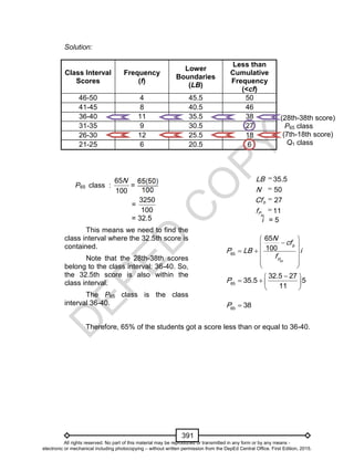 D
EPED
C
O
PY
391
(28th-38th score)
P65 class
(7th-18th score)
Q1 class
Solution:
i = 5
Therefore, 65% of the students got a score less than or equal to 36-40.
Class Interval
Scores
Frequency
(f)
Lower
Boundaries
(LB)
Less than
Cumulative
Frequency
(<cf)
46-50 4 45.5 50
41-45 8 40.5 46
36-40 11 35.5 38
31-35 9 30.5 27
26-30 12 25.5 18
21-25 6 20.5 6
65
65
65
100 b
P
N
cf
P LB i
f
 
 
   
  
 
65
32.5 27
35.5 5
11
P
 
   
 
65
38P 
P65 class :
65
100
N
=
=
3250
100
= 32.5
This means we need to find the
class interval where the 32.5th score is
contained.
Note that the 28th-38th scores
belong to the class interval: 36-40. So,
the 32.5th score is also within the
class interval.
The P65 class is the class
interval 36-40.
65
35.5
50
27
11
b
P
LB
N
Cf
f




All rights reserved. No part of this material may be reproduced or transmitted in any form or by any means -
electronic or mechanical including photocopying – without written permission from the DepEd Central Office. First Edition, 2015.
 