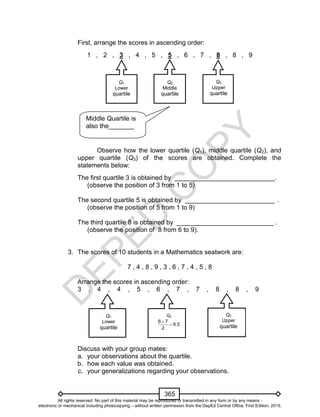 D
EPED
C
O
PY
365
Middle Quartile is
also the_______
First, arrange the scores in ascending order:
1 , 2 , 3 , 4 , 5 , 5 , 6 , 7 , 8 , 8 , 9
Observe how the lower quartile (Q1), middle quartile (Q2), and
upper quartile (Q3) of the scores are obtained. Complete the
statements below:
The first quartile 3 is obtained by ____________________________.
(observe the position of 3 from 1 to 5)
The second quartile 5 is obtained by _________________________ .
(observe the position of 5 from 1 to 9)
The third quartile 8 is obtained by ___________________________ .
(observe the position of 8 from 6 to 9).
3. The scores of 10 students in a Mathematics seatwork are:
7 , 4 , 8 , 9 , 3 , 6 , 7 , 4 , 5 , 8
Arrange the scores in ascending order:
3 , 4 , 4 , 5 , 6 , 7 , 7 , 8 , 8 , 9
Discuss with your group mates:
a. your observations about the quartile.
b. how each value was obtained.
c. your generalizations regarding your observations.
Q3
Upper
quartile
Q1
Lower
quartile
Q2
Middle
quartile
Q3
Upper
quartile
Q1
Lower
quartile
Q2
6 7
6.5
2


All rights reserved. No part of this material may be reproduced or transmitted in any form or by any means -
electronic or mechanical including photocopying – without written permission from the DepEd Central Office. First Edition, 2015.
 