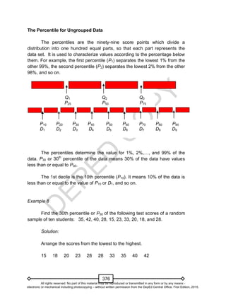 D
EPED
C
O
PY
376
The Percentile for Ungrouped Data
The percentiles are the ninety-nine score points which divide a
distribution into one hundred equal parts, so that each part represents the
data set. It is used to characterize values according to the percentage below
them. For example, the first percentile (P1) separates the lowest 1% from the
other 99%, the second percentile (P2) separates the lowest 2% from the other
98%, and so on.
The percentiles determine the value for 1%, 2%,…, and 99% of the
data. P30 or 30th
percentile of the data means 30% of the data have values
less than or equal to P30.
The 1st decile is the 10th percentile (P10). It means 10% of the data is
less than or equal to the value of P10 or D1, and so on.
Example 8
Find the 30th percentile or P30 of the following test scores of a random
sample of ten students: 35, 42, 40, 28, 15, 23, 33, 20, 18, and 28.
Solution:
Arrange the scores from the lowest to the highest.
15 18 20 23 28 28 33 35 40 42
Q1 Q2 Q3
P25 P50 P75
P10 P20 P30 P40 P50 P60 P70 P80 P90
D1 D2 D3 D4 D5 D6 D7 D8 D9
All rights reserved. No part of this material may be reproduced or transmitted in any form or by any means -
electronic or mechanical including photocopying – without written permission from the DepEd Central Office. First Edition, 2015.
 