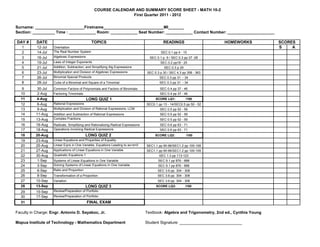 COURSE CALENDAR AND SUMMARY SCORE SHEET - MATH 10-2
                                                               First Quarter 2011 - 2012


Surname: ______________________Firstname___________________________MI_______
Section: __________ Time : ____________ Room: ____________ Seat Number: ____________ Contact Number: _____________________

DAY #      DATE                               TOPICS                                        READINGS                     HOMEWORKS             SCORES
   1       12-Jul   Orientation                                                                                                                S    A
   2       14-Jul   The Real Number System                                                 SEC 0.1 pp 4 - 15
   3       16-Jul   Algebraic Expressions                                           SEC 0.1 p. 9 / SEC 0.3 pp 27 -28
   4       19-Jul   Laws of Integer Exponents                                              SEC 0.2 pp18 - 25
   5       21-Jul   Addition, Subtraction, and Simplifying Alg Expressions                   SEC 0.3 p 29
   6       23-Jul   Multiplication and Division of Algebraic Expressions          SEC 0.3 p 30 / SEC 4.3 pp 358 - 363
   7       26-Jul   Binomial Special Products                                             SEC 0.3 pp 31 - 34
   8       28-Jul   Cube of a Binomial and Square of a Trinomial                          SEC 0.3 pp 31 - 34
   9       30-Jul   Common Factors of Polynomials and Factors of Binomials                SEC 0.4 pp 37 - 46
  10        2-Aug   Factoring Trinomials                                                  SEC 0.4 pp 37 - 46
  11       4-Aug                            LONG QUIZ 1                                SCORE LQ1:           /100
  12        6-Aug   Rational Expressions                                          SEC0.1 pp 13 - 14/SEC0.5 pp 50 - 52
  13        9-Aug   Multiplication and Division of Rational Expressions, LCM              SEC 0.5 pp 52 - 59
  14       11-Aug   Addition and Subtraction of Rational Expressions                      SEC 0.5 pp 52 - 59
  15       13-Aug   Complex Fractions                                                     SEC 0.5 pp 52 - 59
  16       16-Aug   Radicals, Simplifying and Rationalizing Radical Expressions           SEC 0.6 pp 63 - 71
  17       18-Aug   Operations Involving Radical Expressions                              SEC 0.6 pp 63 - 71
  18      20-Aug                           LONG QUIZ 2                                 SCORE LQ2:           /100
  19      23-Aug    Linear Equations and Properties of Equality
  20      25-Aug    Linear Eqns in One Variable, Equations Leading to ax+b=0      SEC1.1 pp 90-96/SEC1.2 pp 100-109
  21      27-Aug    Applications of Linear Equations in One Variable              SEC1.1 pp 90-96/SEC1.2 pp 100-109
  22      30-Aug    Quadratic Equations 1                                                 SEC 1.3 pp 113-123
  23       1-Sep    Systems of Linear Equations in One Variable                          SEC 9.1 pp 876 - 888
  24       3-Sep    Solving Systems of Linear Equations in One Variable                  SEC 9.1 pp 876 - 888
  25       6-Sep    Ratio and Proportion                                                 SEC 3.6 pp. 304 - 308
  26       8-Sep    Transformation of a Proportion                                       SEC 3.6 pp. 304 - 308
  27      10-Sep    Variation                                                            SEC 3.6 pp. 304 - 308
  28      13-Sep                           LONG QUIZ 3                                  SCORE LQ3:          /100
  29       15-Sep   Review/Preparation of Portfolio
  30       17-Sep   Review/Preparation of Portfolio
  31                                        FINAL EXAM

Faculty in Charge: Engr. Antonio D. Sayaboc, Jr.                                  Textbook: Algebra and Trigonometry, 2nd ed., Cynthia Young

Mapua Institute of Technology - Mathematics Department                            Student Signature: ____________________________
 