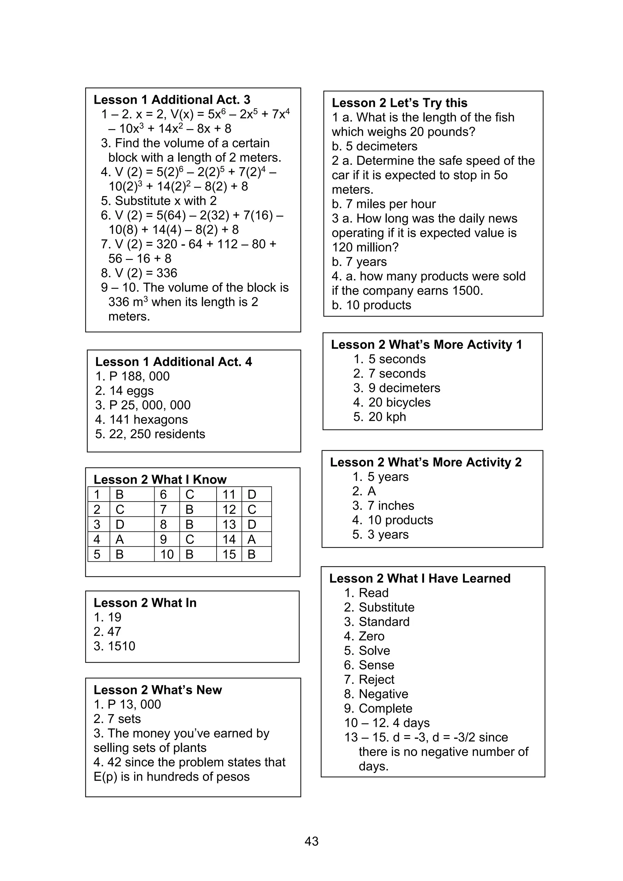Lesson 1 Additional Act. 3
1 – 2. x = 2, V(x) = 5x6 – 2x5 + 7x4
– 10x3 + 14x2 – 8x + 8
3. Find the volume of a certain
block with a length of 2 meters.
4. V (2) = 5(2)6 – 2(2)5 + 7(2)4 –
10(2)3 + 14(2)2 – 8(2) + 8
5. Substitute x with 2
6. V (2) = 5(64) – 2(32) + 7(16) –
10(8) + 14(4) – 8(2) + 8
7. V (2) = 320 - 64 + 112 – 80 +
56 – 16 + 8
8. V (2) = 336
9 – 10. The volume of the block is
336 m3 when its length is 2
meters.
Lesson 1 Additional Act. 4
1. P 188, 000
2. 14 eggs
3. P 25, 000, 000
4. 141 hexagons
5. 22, 250 residents
Lesson 2 What In
1. 19
2. 47
3. 1510
Lesson 2 What’s New
1. P 13, 000
2. 7 sets
3. The money you’ve earned by
selling sets of plants
4. 42 since the problem states that
E(p) is in hundreds of pesos
Lesson 2 Let’s Try this
1 a. What is the length of the fish
which weighs 20 pounds?
b. 5 decimeters
2 a. Determine the safe speed of the
car if it is expected to stop in 5o
meters.
b. 7 miles per hour
3 a. How long was the daily news
operating if it is expected value is
120 million?
b. 7 years
4. a. how many products were sold
if the company earns 1500.
b. 10 products
Lesson 2 What’s More Activity 1
1. 5 seconds
2. 7 seconds
3. 9 decimeters
4. 20 bicycles
5. 20 kph
Lesson 2 What I Know
1 B 6 C 11 D
2 C 7 B 12 C
3 D 8 B 13 D
4 A 9 C 14 A
5 B 10 B 15 B
Lesson 2 What I Have Learned
1. Read
2. Substitute
3. Standard
4. Zero
5. Solve
6. Sense
7. Reject
8. Negative
9. Complete
10 – 12. 4 days
13 – 15. d = -3, d = -3/2 since
there is no negative number of
days.
Lesson 2 What’s More Activity 2
1. 5 years
2. A
3. 7 inches
4. 10 products
5. 3 years
43
 