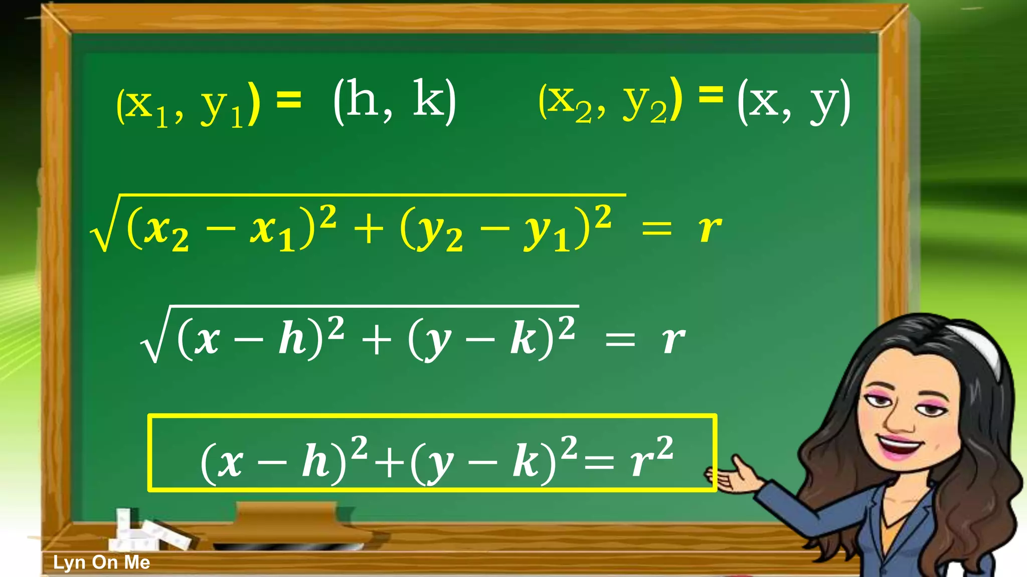 𝒙𝟐 − 𝒙𝟏
𝟐 + 𝒚𝟐 − 𝒚𝟏
𝟐 = 𝒓
𝒙 − 𝒉 𝟐 + 𝒚 − 𝒌 𝟐 = 𝒓
(𝒙 − 𝒉)𝟐
+(𝒚 − 𝒌)𝟐
= 𝒓𝟐
Lyn On Me
(x1, y1) = (x2, y2) =
(h, k) (x, y)
 
