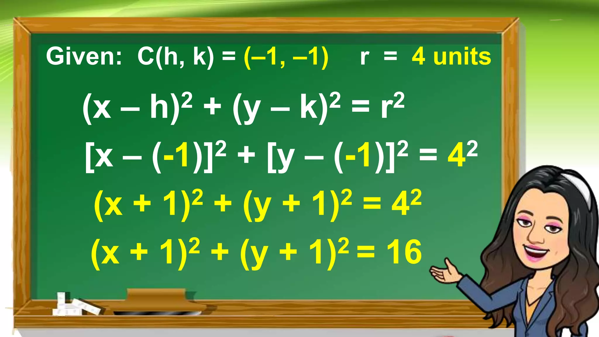 r = 4 units
(x – h)2 + (y – k)2 = r2
[x – (-1)]2 + [y – (-1)]2 = 42
(x + 1)2 + (y + 1)2 = 42
(x + 1)2 + (y + 1)2 = 16
Given: C(h, k) = (–1, –1)
 