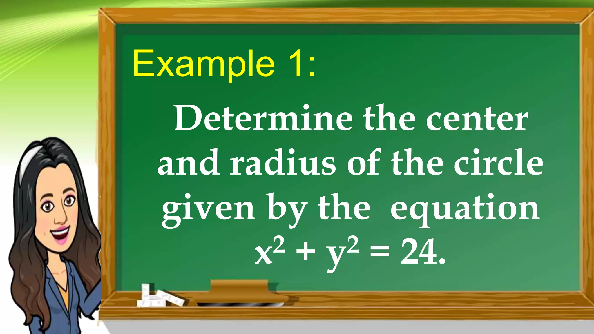 Example 1:
Determine the center
and radius of the circle
given by the equation
x2 + y2 = 24.
 