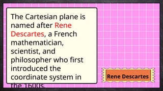 Rene Descartes
The Cartesian plane is
named after Rene
Descartes, a French
mathematician,
scientist, and
philosopher who first
introduced the
coordinate system in
the 1600s.
 