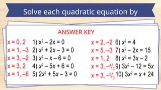 Solve each quadratic equation by
factoring
1) x2
– 2x = 0
2) x2
+ 2x – 3 = 0
3) x2
– x – 6 = 0
4) x2
– 5x + 6 = 0
5) 2x2
+ 5x – 3 = 0
x = 0, 2
x = 1, –3
x = 3, –2
x = 3, 2
x = 1, –6
ANSWER KEY
6) x2
= 4
7) x2
– 2x = 15
8) x2
= 3x – 2
9) 3x2
– 12 = 5x
10) 3x2
= x + 24
x = 2, –2
x = 5, –3
x = 1, 2
x = 3, –4
/3
x = 3, –8
/3
 