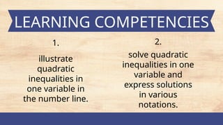 LEARNING COMPETENCIES
1.
illustrate
quadratic
inequalities in
one variable in
the number line.
2.
solve quadratic
inequalities in one
variable and
express solutions
in various
notations.
 