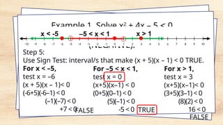 Example 1. Solve x2
+ 4x – 5 < 0
(NEGATIVE).
Step 5:
Use Sign Test: interval/s that make (x + 5)(x – 1) < 0 TRUE.
For x < –5,
test x = –6
(x + 5)(x – 1)< 0
(-6+5)(-6–1) < 0
(–1)(–7) < 0
+7 < 0
FALSE
For –5 < x < 1,
test x = 0
(x+5)(x–1) < 0
(0+5)(0–1) < 0
(5)(–1) < 0
-5 < 0 TRUE
For x > 1,
test x = 3
(x+5)(x–1)< 0
(3+5)(3–1) < 0
(8)(2) < 0
16 < 0
FALSE
 