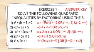 EXERCISE 1
SOLVE THE FOLLOWING QUADRATIC
INEQUALITIES BY FACTORING USING THE 6
STEPS.
1) x2
+ 5x + 6 > 0
2) –x2
– 6x > 5
3) –x2
+ 10x ≤ 16
4) 2x2
+ 5x ≤ 3
5) x2
≤ 2x + 1
x < –3 or x > –2 OR (–∞,–3) U(–2, +∞)
–5 < x < –1 OR (–5, –1)
x ≤ 2 or x ≥ 8 OR (–∞, 2] U [8, +∞)
–3 ≤ x ≤ ½ OR [-3, ½]
1−√2≤ ≤1+√2 ] OR [1−√2, 1+√2]
𝑥
ANSWER KEY
 