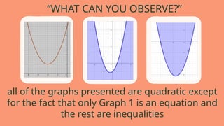 “WHAT CAN YOU OBSERVE?”
all of the graphs presented are quadratic except
for the fact that only Graph 1 is an equation and
the rest are inequalities
 