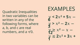 𝑦 < 2𝑥2
+ 5𝑥 −
6
𝑦 > 𝑥2
2
− 𝑥 −
3
𝑦 ≥ 𝑥2
− 𝑥 −
12
𝑦 ≤ 2𝑥2
+ 3 +
𝑥
1
Quadratic Inequalities
in two variables can be
written in any of the
following forms, where
a, b, and c are real
numbers, and a ≠ 0.
EXAMPLES
 