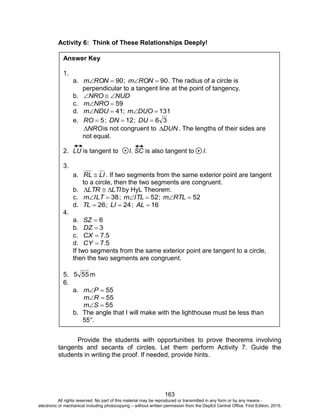 D
EPED
C
O
PY
163
Activity 6: Think of These Relationships Deeply!
Provide the students with opportunities to prove theorems involving
tangents and secants of circles. Let them perform Activity 7. Guide the
students in writing the proof. If needed, provide hints.
Answer Key
1.
a. 90RONm ; 90RONm . The radius of a circle is
perpendicular to a tangent line at the point of tangency.
b. NUDNRO 
c. 59NROm
d. 41NDUm ; 131DUOm
e. 5RO ; 12DN ; 36DU
NRO is not congruent to DUN . The lengths of their sides are
not equal.
2. LU is tangent to I. SC is also tangent to I.
3.
a. LIRL  . If two segments from the same exterior point are tangent
to a circle, then the two segments are congruent.
b. LTILTR  by HyL Theorem.
c. 38ILTm ; 52ITLm ; 52RTLm
d. 26TL ; 24LI ; 16AL
4.
a. 6SZ
b. 3DZ
c. 57.CX 
d. 57.CY 
If two segments from the same exterior point are tangent to a circle,
then the two segments are congruent.
5. 555 m
6.
a. 55Pm
55Rm
55Sm
b. The angle that I will make with the lighthouse must be less than
55°.
All rights reserved. No part of this material may be reproduced or transmitted in any form or by any means -
electronic or mechanical including photocopying – without written permission from the DepEd Central Office. First Edition, 2015.
 