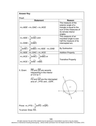 D
EPED
C
O
PY
169
Answer Key
Proof:
Statement Reason
ACEDACADE  mmm
The measure of the
exterior angle of a
triangle is equal to the
sum of the measures of
its remote interior
angles.
 AEADE m
2
1
m  and
 BDDAB m
2
1
m 
The measure of an
inscribed angle is one-
half the measure of its
intercepted arc.
    DABADEBDAE  mmm
2
1
m
2
1 By Subtraction
ACEDACADE  mmm Addition Property
   BDAEACE m
2
1
m
2
1
m  or
BDAEACE mm
2
1
m 
Transitive Property
5. Given: PR and QS are secants
intersecting in the interior
of V at T.
PS and QR are the intercepted
arcs of PTS and QTR .
Prove:  QRPSPTS mm
2
1
m 
To prove: Draw RS .
All rights reserved. No part of this material may be reproduced or transmitted in any form or by any means -
electronic or mechanical including photocopying – without written permission from the DepEd Central Office. First Edition, 2015.
 