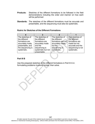 D
EPED
C
O
PY
187
Products: Sketches of the different formations to be followed in the field
demonstrations including the order and manner on how each
will be performed
Standards: The sketches of the different formations must be accurate and
presentable, and the sequencing must also be systematic.
Rubric for Sketches of the Different Formations
4 3 2 1
The sketches of
the different
formations are
accurately made,
presentable, and
the sequencing is
systematic.
The sketches of
the different
formations are
accurately made
and the
sequencing is
systematic but not
presentable.
The sketches of
the different
formations are not
accurately made
but the
sequencing is
systematic.
The sketches of
the different
formations are
made but not
accurate and the
sequencing is not
systematic.
Part III B
Use the prepared sketches of the different formations in Part III A in
formulating problems involving circles, then solve.
All rights reserved. No part of this material may be reproduced or transmitted in any form or by any means -
electronic or mechanical including photocopying – without written permission from the DepEd Central Office. First Edition, 2015.
 