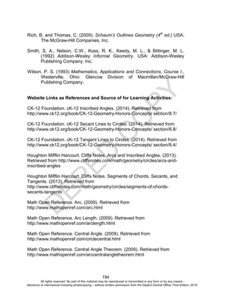 D
EPED
C
O
PY
194
Rich, B. and Thomas, C. (2009). Schaum’s Outlines Geometry (4th
ed.) USA:
The McGraw-Hill Companies, Inc.
Smith, S. A., Nelson, C.W., Koss, R. K., Keedy, M. L., & Bittinger, M. L.
(1992) Addison-Wesley Informal Geometry. USA: Addison-Wesley
Publishing Company, Inc.
Wilson, P. S. (1993) Mathematics, Applications and Connections, Course I.,
Westerville, Ohio: Glencoe Division of Macmillan/McGraw-Hill
Publishing Company.
Website Links as References and Source of for Learning Activities:
CK-12 Foundation. cK-12 Inscribed Angles. (2014). Retrieved from
http://www.ck12.org/book/CK-12-Geometry-Honors-Concepts/ section/8.7/
CK-12 Foundation. cK-12 Secant Lines to Circles. (2014). Retrieved from
http://www.ck12.org/book/CK-12-Geometry-Honors-Concepts/ section/8.8/
CK-12 Foundation. cK-12 Tangent Lines to Circles. (2014). Retrieved from
http://www.ck12.org/book/CK-12-Geometry-Honors-Concepts/ section/8.4/
Houghton Mifflin Harcourt. Cliffs Notes. Arcs and Inscribed Angles. (2013).
Retrieved from http://www.cliffsnotes.com/math/geometry/circles/arcs-and-
inscribed-angles
Houghton Mifflin Harcourt. Cliffs Notes. Segments of Chords, Secants, and
Tangents. (2013). Retrieved from
http://www.cliffsnotes.com/math/geometry/circles/segments-of-chords-
secants-tangents
Math Open Reference. Arc. (2009). Retrieved from
http://www.mathopenref.com/arc.html
Math Open Reference. Arc Length. (2009). Retrieved from
http://www.mathopenref.com/arclength.html
Math Open Reference. Central Angle. (2009). Retrieved from
http://www.mathopenref.com/circlecentral.html
Math Open Reference. Central Angle Theorem. (2009). Retrieved from
http://www.mathopenref.com/arccentralangletheorem.html
All rights reserved. No part of this material may be reproduced or transmitted in any form or by any means -
electronic or mechanical including photocopying – without written permission from the DepEd Central Office. First Edition, 2015.
 