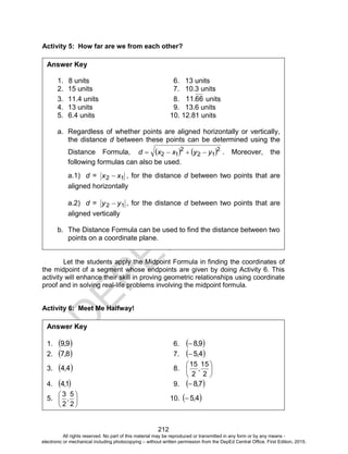 D
EPED
C
O
PY
212
Activity 5: How far are we from each other?
Let the students apply the Midpoint Formula in finding the coordinates of
the midpoint of a segment whose endpoints are given by doing Activity 6. This
activity will enhance their skill in proving geometric relationships using coordinate
proof and in solving real-life problems involving the midpoint formula.
Activity 6: Meet Me Halfway!
Answer Key
1.  9,9 6.  9,8
2.  8,7 7.  4,5
3.  4,4 8. 





2
15
,
2
15
4.  1,4 9.  7,8
5. 





2
5
,
2
3
10.  4,5
Answer Key
1. 8 units 6. 13 units
2. 15 units 7. 10.3 units
3. 11.4 units 8. 66.11 units
4. 13 units 9. 13.6 units
5. 6.4 units 10. 12.81 units
a. Regardless of whether points are aligned horizontally or vertically,
the distance d between these points can be determined using the
Distance Formula,    2
12
2
12 yyxxd  . Moreover, the
following formulas can also be used.
a.1) d = 12 xx  , for the distance d between two points that are
aligned horizontally
a.2) d = 12 yy  , for the distance d between two points that are
aligned vertically
b. The Distance Formula can be used to find the distance between two
points on a coordinate plane.
All rights reserved. No part of this material may be reproduced or transmitted in any form or by any means -
electronic or mechanical including photocopying – without written permission from the DepEd Central Office. First Edition, 2015.
 