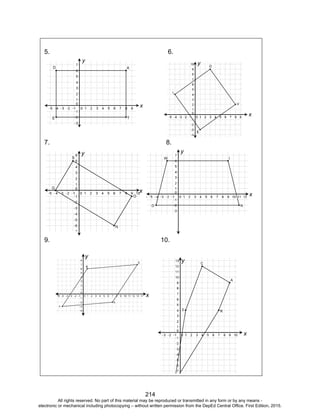 D
EPED
C
O
PY
214
5. 6.
x
y
x
y
7. 8.
x
y
x
y
9. 10.
x
y
x
y
All rights reserved. No part of this material may be reproduced or transmitted in any form or by any means -
electronic or mechanical including photocopying – without written permission from the DepEd Central Office. First Edition, 2015.
 