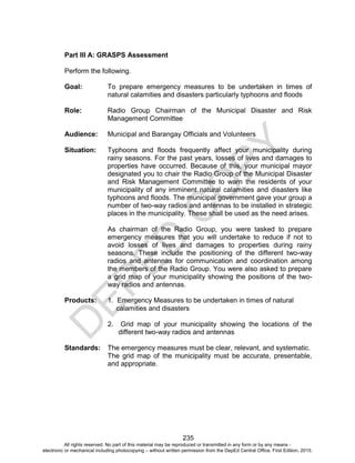 D
EPED
C
O
PY
235
Part III A: GRASPS Assessment
Perform the following.
Goal: To prepare emergency measures to be undertaken in times of
natural calamities and disasters particularly typhoons and floods
Role: Radio Group Chairman of the Municipal Disaster and Risk
Management Committee
Audience: Municipal and Barangay Officials and Volunteers
Situation: Typhoons and floods frequently affect your municipality during
rainy seasons. For the past years, losses of lives and damages to
properties have occurred. Because of this, your municipal mayor
designated you to chair the Radio Group of the Municipal Disaster
and Risk Management Committee to warn the residents of your
municipality of any imminent natural calamities and disasters like
typhoons and floods. The municipal government gave your group a
number of two-way radios and antennas to be installed in strategic
places in the municipality. These shall be used as the need arises.
As chairman of the Radio Group, you were tasked to prepare
emergency measures that you will undertake to reduce if not to
avoid losses of lives and damages to properties during rainy
seasons. These include the positioning of the different two-way
radios and antennas for communication and coordination among
the members of the Radio Group. You were also asked to prepare
a grid map of your municipality showing the positions of the two-
way radios and antennas.
Products: 1. Emergency Measures to be undertaken in times of natural
calamities and disasters
2. Grid map of your municipality showing the locations of the
different two-way radios and antennas
Standards: The emergency measures must be clear, relevant, and systematic.
The grid map of the municipality must be accurate, presentable,
and appropriate.
All rights reserved. No part of this material may be reproduced or transmitted in any form or by any means -
electronic or mechanical including photocopying – without written permission from the DepEd Central Office. First Edition, 2015.
 