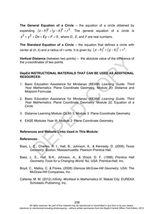 D
EPED
C
O
PY
238
The General Equation of a Circle – the equation of a circle obtained by
expanding     222
rkyhx  . The general equation of a circle is
022
 FEyDxyx , where D, E, and F are real numbers.
The Standard Equation of a Circle – the equation that defines a circle with
center at (h, k) and a radius of r units. It is given by    
2 2 2
.   x h y k r
Vertical Distance (between two points) – the absolute value of the difference of
the y-coordinates of two points.
DepEd INSTRUCTIONAL MATERIALS THAT CAN BE USED AS ADDITIONAL
RESOURCES:
1. Basic Education Assistance for Mindanao (BEAM) Learning Guide, Third
Year Mathematics. Plane Coordinate Geometry. Module 20: Distance and
Midpoint Formulae
2. Basic Education Assistance for Mindanao (BEAM) Learning Guide, Third
Year Mathematics. Plane Coordinate Geometry. Module 22: Equation of a
Circle
3. Distance Learning Module (DLM) 3, Module 3: Plane Coordinate Geometry.
4. EASE Modules Year III, Module 2: Plane Coordinate Geometry
References and Website Links Used in This Module:
References:
Bass, L. E., Charles, R. I., Hall, B., Johnson, A., & Kennedy, D. (2008) Texas
Geometry. Boston, Massachusetts: Pearson Prentice Hall.
Bass, L. E., Hall, B.R., Johnson, A., & Wood, D. F. (1998) Prentice Hall
Geometry Tools for a Changing World. NJ, USA: Prentice-Hall, Inc.
Boyd, C., Malloy, C. & Flores. (2008) Glencoe McGraw-Hill Geometry. USA: The
McGraw-Hill Companies, Inc.
Callanta, M. M. (2012) Infinity, Worktext in Mathematics III. Makati City: EUREKA
Scholastic Publishing, Inc.
All rights reserved. No part of this material may be reproduced or transmitted in any form or by any means -
electronic or mechanical including photocopying – without written permission from the DepEd Central Office. First Edition, 2015.
 