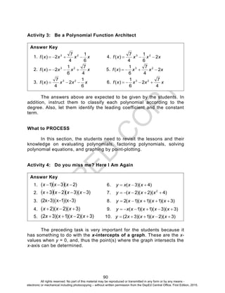 D
EPED
C
O
PY
90
Activity 3: Be a Polynomial Function Architect
The answers above are expected to be given by the students. In
addition, instruct them to classify each polynomial according to the
degree. Also, let them identify the leading coefficient and the constant
term.
What to PROCESS
In this section, the students need to revisit the lessons and their
knowledge on evaluating polynomials, factoring polynomials, solving
polynomial equations, and graphing by point-plotting.
Activity 4: Do you miss me? Here I Am Again
The preceding task is very important for the students because it
has something to do with the x-intercepts of a graph. These are the x-
values when y = 0, and, thus the point(s) where the graph intersects the
x-axis can be determined.
Answer Key
1.   )2(3)1(  xxx 6. )4)(3(  xxxy
2.    )3)(3(23  xxxx 7. )4)(2)(2( 2
 xxxy
3.  (2x-3) x-1 (x-3) 8. )3)(1)(1)(1(2  xxxxy
4. )3)(2)(2(  xxx 9. )3)(3)(1)(1(  xxxxxy
5. )3)(2)(1)(32(  xxxx 10. )3)(2)(1)(32(  xxxxy
Answer Key
1. xxxxf
6
1
4
7
2)( 23
 4. xxxxf 2
6
1
4
7
)( 23

2. xxxxf
4
7
6
1
2)( 23
 5. xxxxf 2
4
7
6
1
)( 23

3. xxxxf
6
1
2
4
7
)( 23
 6. xxxxf
4
7
2
6
1
)( 23

All rights reserved. No part of this material may be reproduced or transmitted in any form or by any means -
electronic or mechanical including photocopying – without written permission from the DepEd Central Office. First Edition, 2015.
 