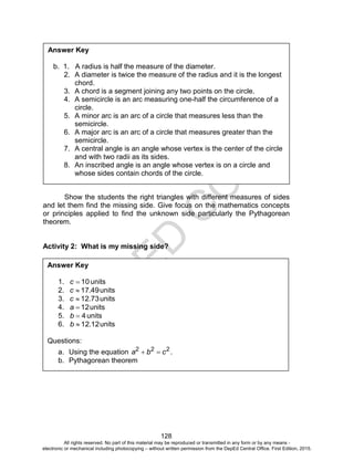 D
EPED
C
O
PY
128
Show the students the right triangles with different measures of sides
and let them find the missing side. Give focus on the mathematics concepts
or principles applied to find the unknown side particularly the Pythagorean
theorem.
Activity 2: What is my missing side?
Answer Key
b. 1. A radius is half the measure of the diameter.
2. A diameter is twice the measure of the radius and it is the longest
chord.
3. A chord is a segment joining any two points on the circle.
4. A semicircle is an arc measuring one-half the circumference of a
circle.
5. A minor arc is an arc of a circle that measures less than the
semicircle.
6. A major arc is an arc of a circle that measures greater than the
semicircle.
7. A central angle is an angle whose vertex is the center of the circle
and with two radii as its sides.
8. An inscribed angle is an angle whose vertex is on a circle and
whose sides contain chords of the circle.
Answer Key
1. 10c units
2. 49.17c units
3. 73.12c units
4. 12a units
5. 4b units
6. 12.12b units
Questions:
a. Using the equation 222
cba  .
b. Pythagorean theorem
All rights reserved. No part of this material may be reproduced or transmitted in any form or by any means -
electronic or mechanical including photocopying – without written permission from the DepEd Central Office. First Edition, 2015.
 