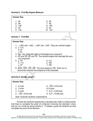 D
EPED
C
O
PY
132
Activity 6: Find My Degree Measure
Activity 7: Find Me!
Activity 8: Get My Length
Provide the students opportunity to develop their skills in writing proofs.
Ask them to complete the proof of a theorem involving the diameter, chord,
and arc of a circle by doing Activity 9. If needed, guide the students as they
complete the proof of the theorem.
Answer Key
1. 90 6. 90
2. 48 7. 48
3. 138 8. 150
4. 42 9. 42
5. 132 10. 132
Answer Key
1. JSO and NSI ; JSN and OSI . They are vertical angles.
2. a. 113
b. 67
c. 67
3. Yes. Yes. Opposite sides of rectangles are congruent.
4. JO and NI ;JN and OI . The central angles that intercept the arcs
are congruent.
5. a. 67 d. 113
b. 113 e. 180
c. 67 f. 180
6. NJO ; NIO; JOI ;JNI . The arcs measure 180°. Each arc or
semicircle contains the endpoints of the diameter.
Answer Key
1. 8 units 5. 24.639  units
2. 2 units 6. 8 units
3. 5 units 7. 29.572  units
4. 24.639  units 8. 581074 . units
Note: Evaluate students’ explanations.
All rights reserved. No part of this material may be reproduced or transmitted in any form or by any means -
electronic or mechanical including photocopying – without written permission from the DepEd Central Office. First Edition, 2015.
 