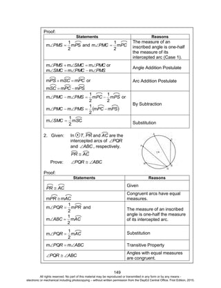 D
EPED
C
O
PY
149
Proof:
Statements Reasons
Sm
2
1
m PPMS  and PCPMC m
2
1
m 
The measure of an
inscribed angle is one-half
the measure of its
intercepted arc (Case 1).
PMCSMCPMS  mmm or
PMSPMCSMC  mmm
Angle Addition Postulate
PCSCPS mmm  or
PSPCSC mmm 
Arc Addition Postulate
PSPCPMSPMC m
2
1
m
2
1
mm  or
 PSPCPMSPMC mm
2
1
mm 
By Subtraction
Cm
2
1
m SSMC  Substitution
2. Given: In T, PR and AC are the
intercepted arcs of PQR
and ABC , respectively.
ACPR 
Prove: ABCPQR 
Proof:
Statements Reasons
ACPR 
Given
ACPR mm 
Congruent arcs have equal
measures.
PRPQR m
2
1
m  and
ACABC m
2
1
m 
The measure of an inscribed
angle is one-half the measure
of its intercepted arc.
ACPQR m
2
1
m  Substitution
ABCPQR  mm Transitive Property
ABCPQR 
Angles with equal measures
are congruent.
All rights reserved. No part of this material may be reproduced or transmitted in any form or by any means -
electronic or mechanical including photocopying – without written permission from the DepEd Central Office. First Edition, 2015.
 