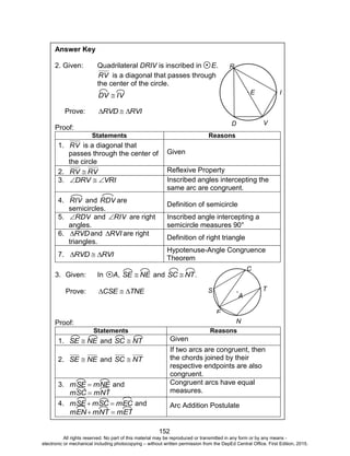 D
EPED
C
O
PY
152
Answer Key
2. Given: Quadrilateral DRIV is inscribed in E.
RV is a diagonal that passes through
the center of the circle.
IVDV 
Prove: RVIRVD 
Proof:
Statements Reasons
1. RV is a diagonal that
passes through the center of
the circle
Given
2. RVRV  Reflexive Property
3. VRIDRV  Inscribed angles intercepting the
same arc are congruent.
4. RIV and RDV are
semicircles.
Definition of semicircle
5. RDV and RIV are right
angles.
Inscribed angle intercepting a
semicircle measures 90°
6. RVD and RVI are right
triangles.
Definition of right triangle
7. RVIRVD 
Hypotenuse-Angle Congruence
Theorem
3. Given: In A, NESE  and .SC NT
Prove: TNECSE 
Proof:
Statements Reasons
1. NESE  and NTSC  Given
2. NESE  and NTSC 
If two arcs are congruent, then
the chords joined by their
respective endpoints are also
congruent.
3. mNEmSE  and
mNTmSC 
Congruent arcs have equal
measures.
4. mECmSCmSE  and
mETmNTmEN 
Arc Addition Postulate
E I
V
R
D
S
E
N
T
A
C
All rights reserved. No part of this material may be reproduced or transmitted in any form or by any means -
electronic or mechanical including photocopying – without written permission from the DepEd Central Office. First Edition, 2015.
 