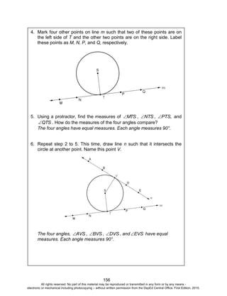 D
EPED
C
O
PY
156
4. Mark four other points on line m such that two of these points are on
the left side of T and the other two points are on the right side. Label
these points as M, N, P, and Q, respectively.
5. Using a protractor, find the measures of MTS , NTS , PTS, and
QTS . How do the measures of the four angles compare?
The four angles have equal measures. Each angle measures 90°.
6. Repeat step 2 to 5. This time, draw line n such that it intersects the
circle at another point. Name this point V.
The four angles, AVS , BVS , DVS , and EVS have equal
measures. Each angle measures 90°.
All rights reserved. No part of this material may be reproduced or transmitted in any form or by any means -
electronic or mechanical including photocopying – without written permission from the DepEd Central Office. First Edition, 2015.
 